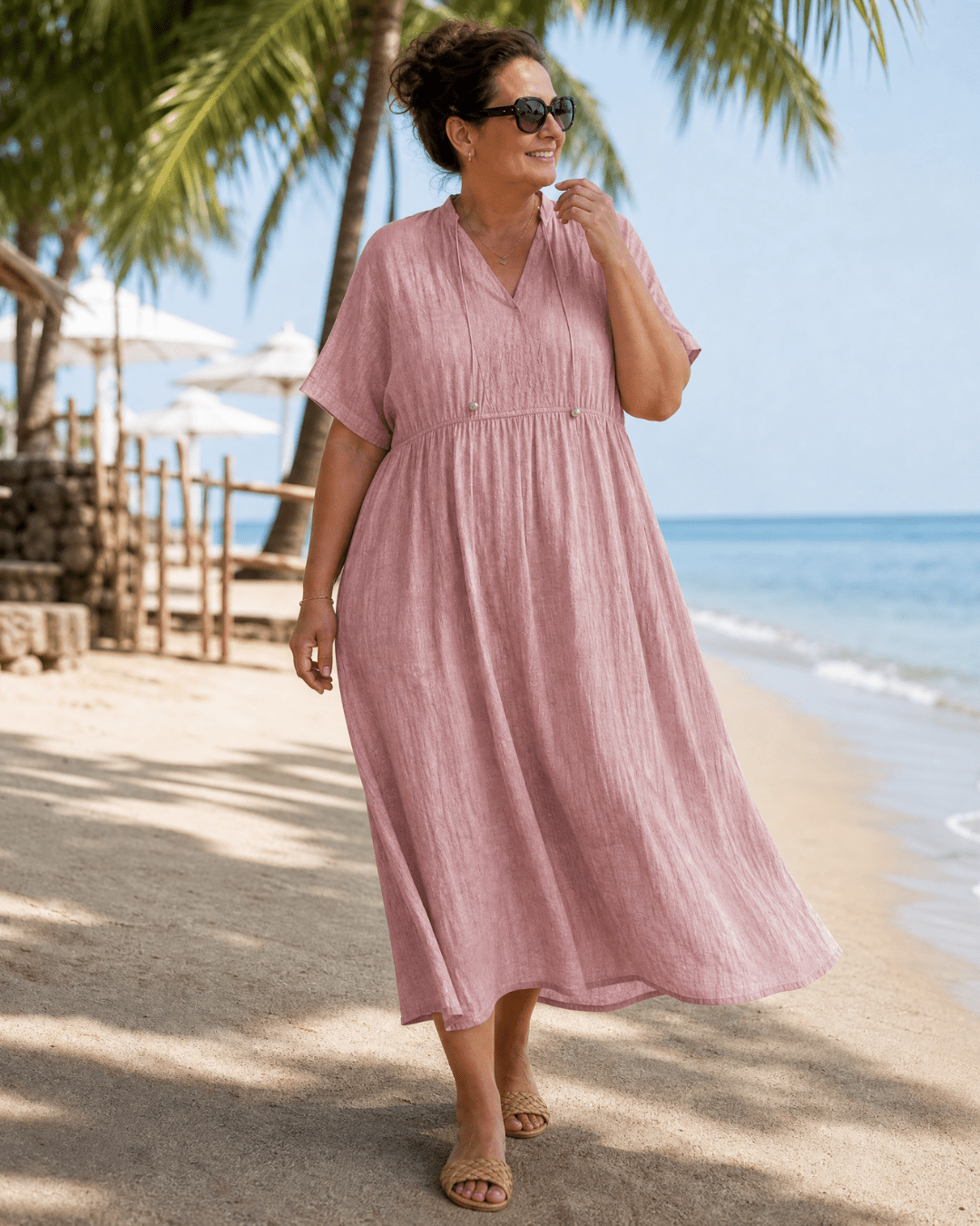 Women's Textured Midi Dress with V-Neck