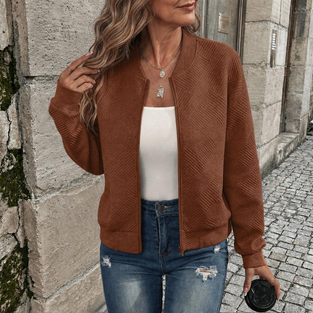 Women's Textured Zip-Up Cardigan with Relaxed Fit for Casual Wear