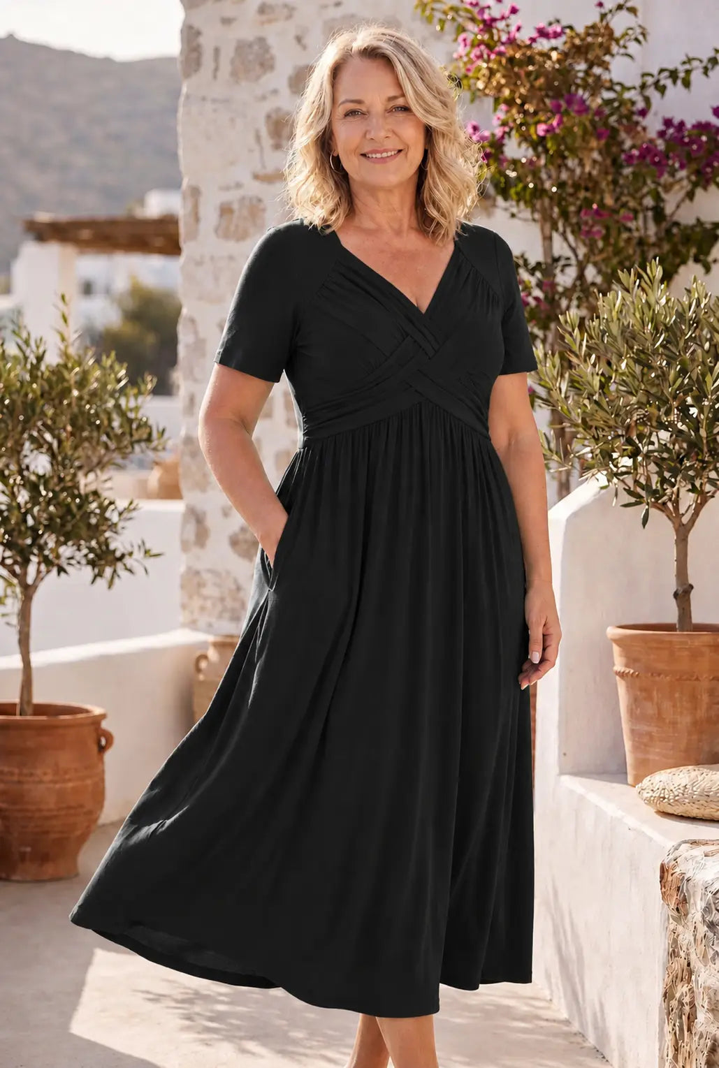 Women's Tummy Control Midi Dress with Wrap Top