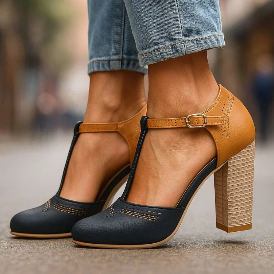 Women's Two-Tone T-Strap Heels with Block Heel