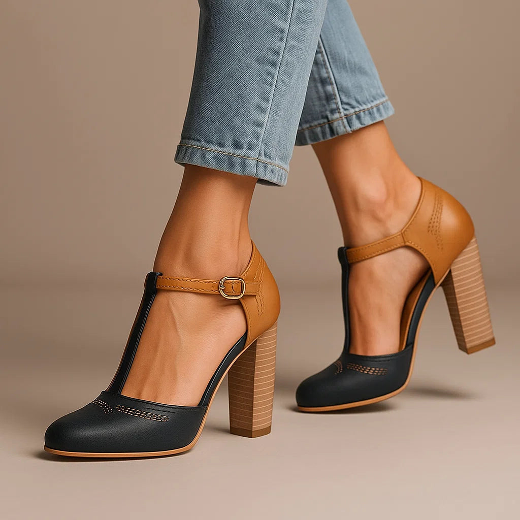 Women's Two-Tone T-Strap Heels with Block Heel