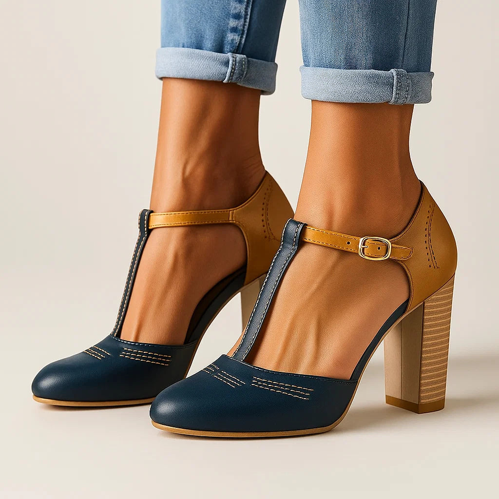 Women's Two-Tone T-Strap Heels with Block Heel