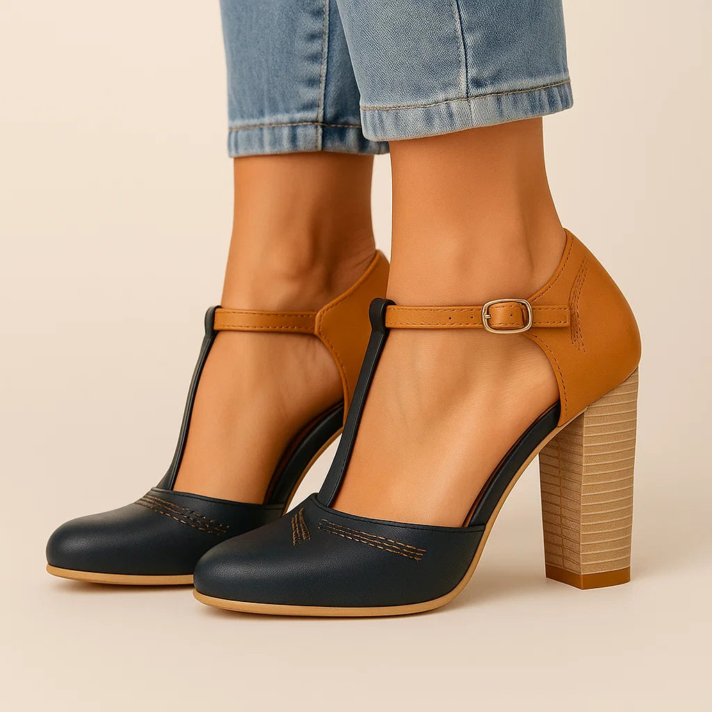 Women's Two-Tone T-Strap Heels with Block Heel