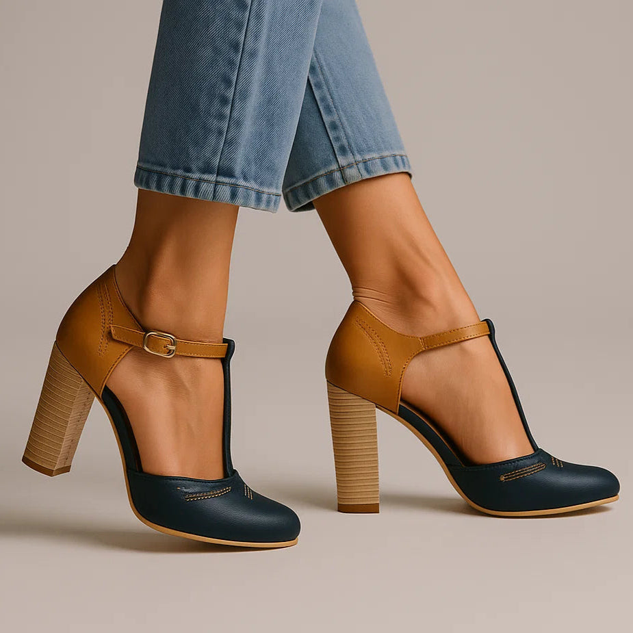 Women's Two-Tone T-Strap Heels with Block Heel