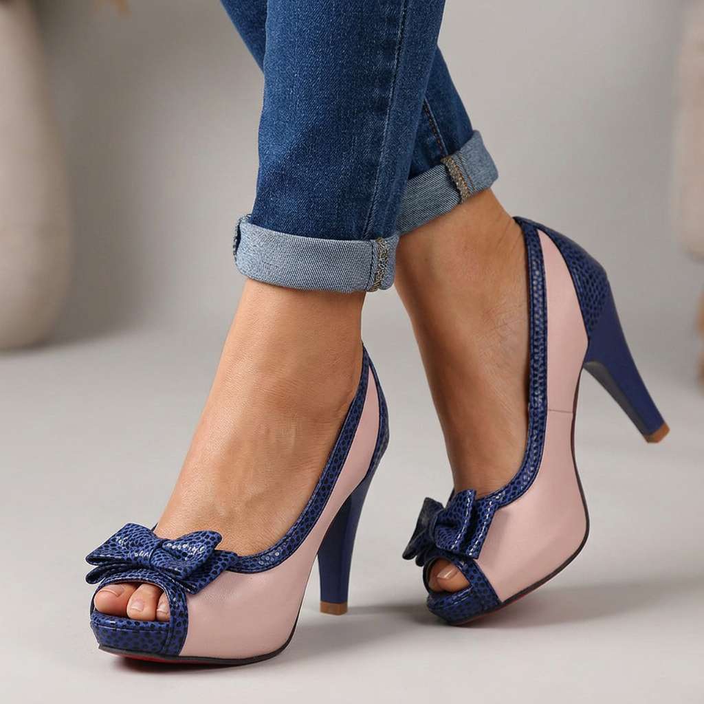 Women's Two-Tone Open Toe Heeled Pumps with Bow Detail
