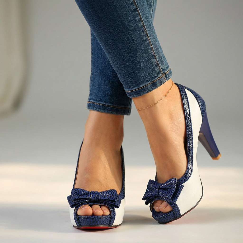 Women's Two-Tone Open Toe Heeled Pumps with Bow Detail
