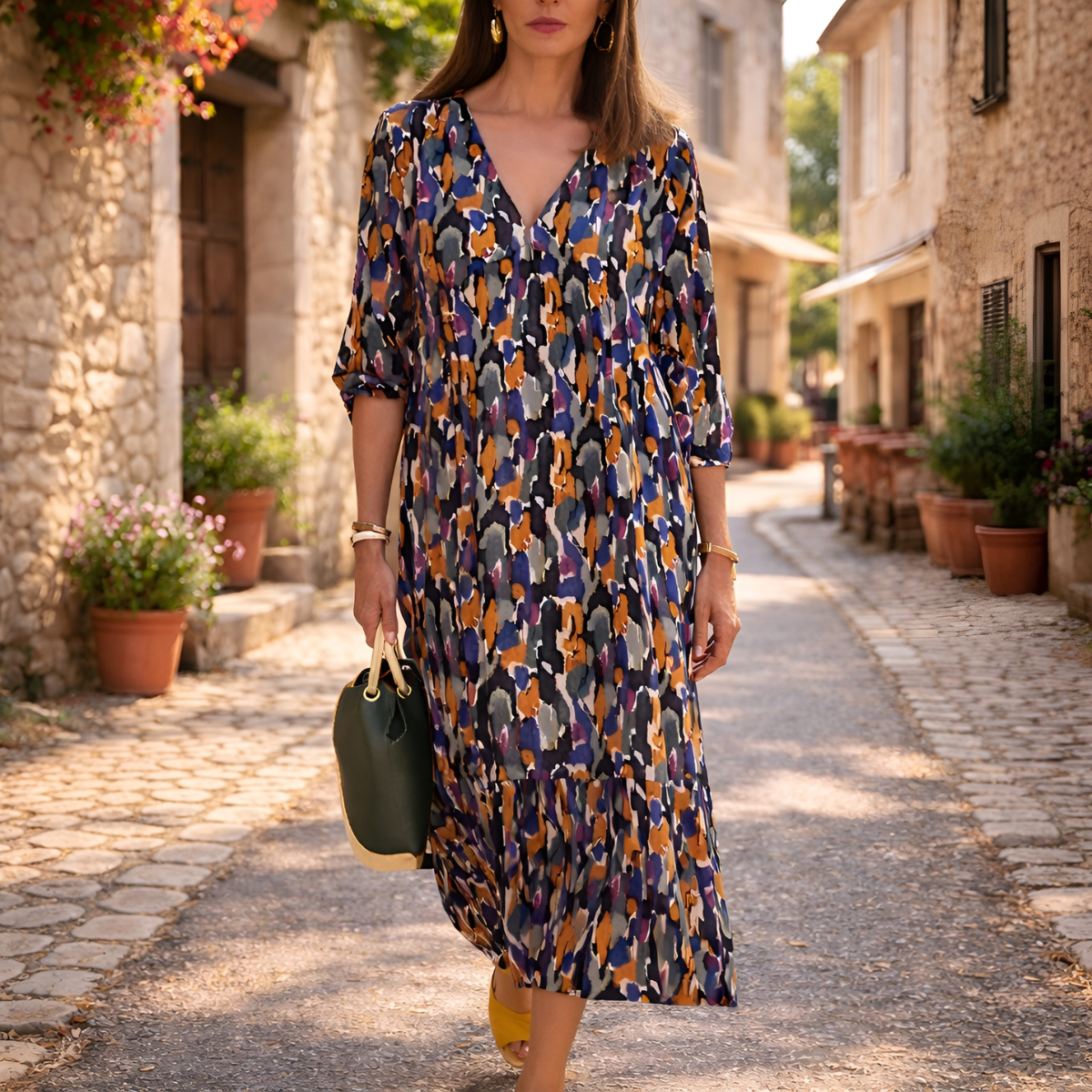 Women's Unique Print V-Neck Midi Dress with Balloon Sleeves