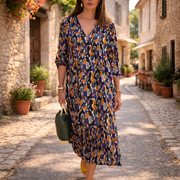 Women's Unique Print V-Neck Midi Dress with Balloon Sleeves