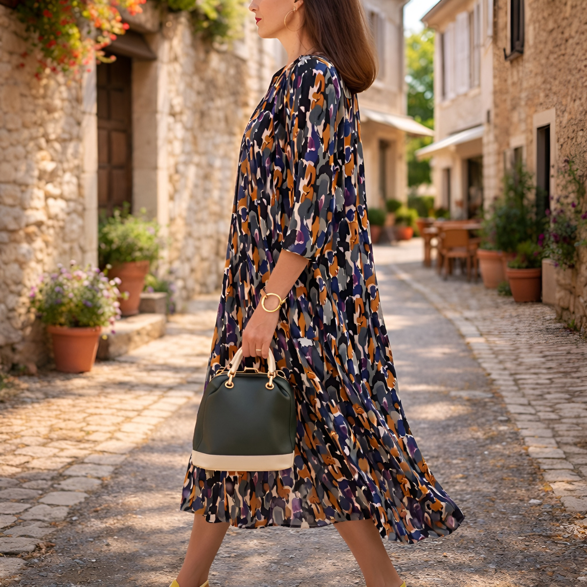 Women's Unique Print V-Neck Midi Dress with Balloon Sleeves