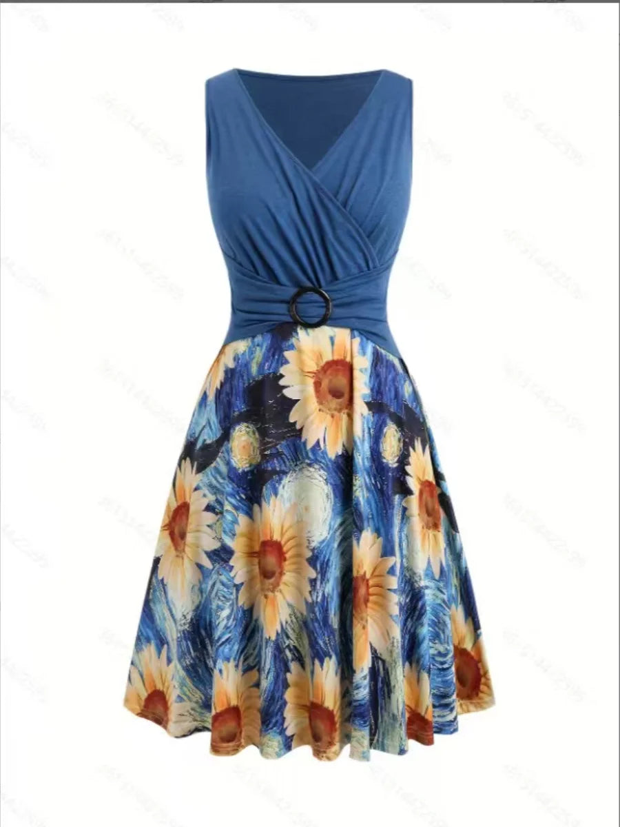 Women's Unique Print V-Neck Wrap Dress with Buckle Detail