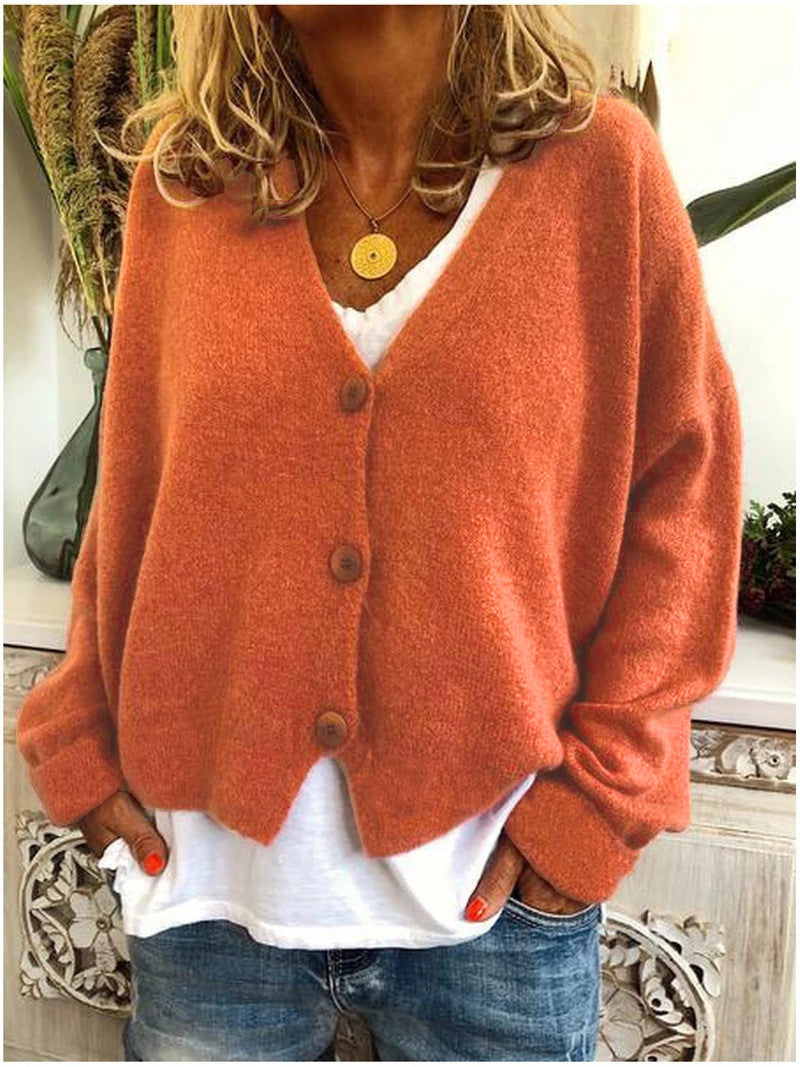 Women's V-Neck Button-Down Cardigan in Soft Knit with Relaxed Fit