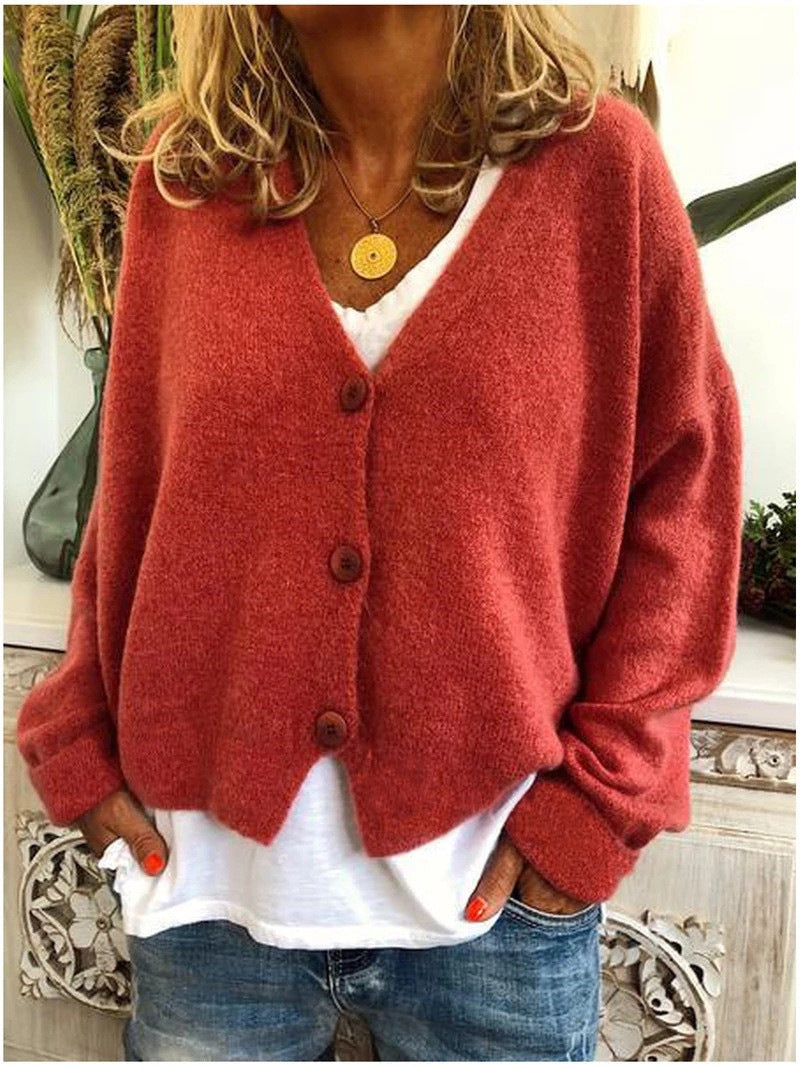Women's V-Neck Button-Down Cardigan in Soft Knit with Relaxed Fit