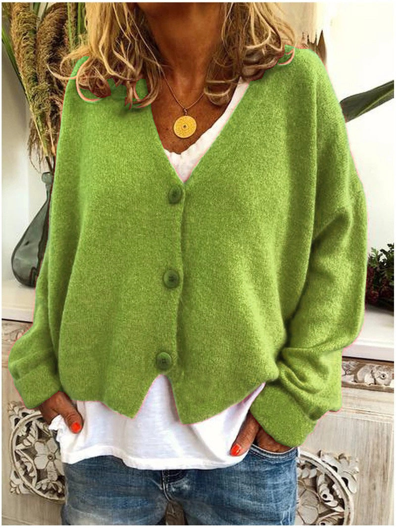 Women's V-Neck Button-Down Cardigan in Soft Knit with Relaxed Fit