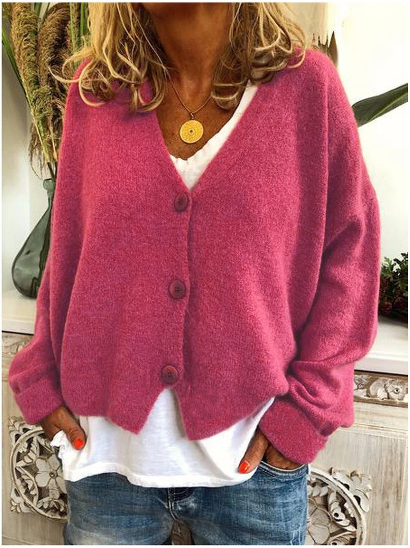 Women's V-Neck Button-Down Cardigan in Soft Knit with Relaxed Fit