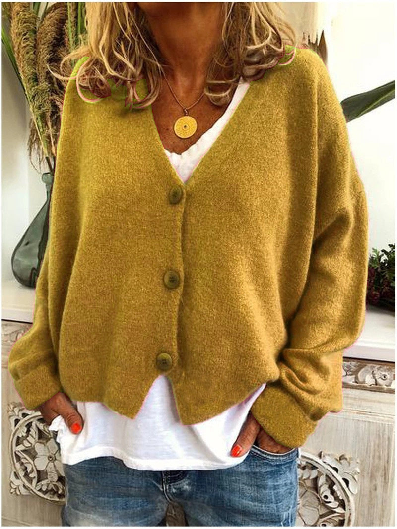 Women's V-Neck Button-Down Cardigan in Soft Knit with Relaxed Fit
