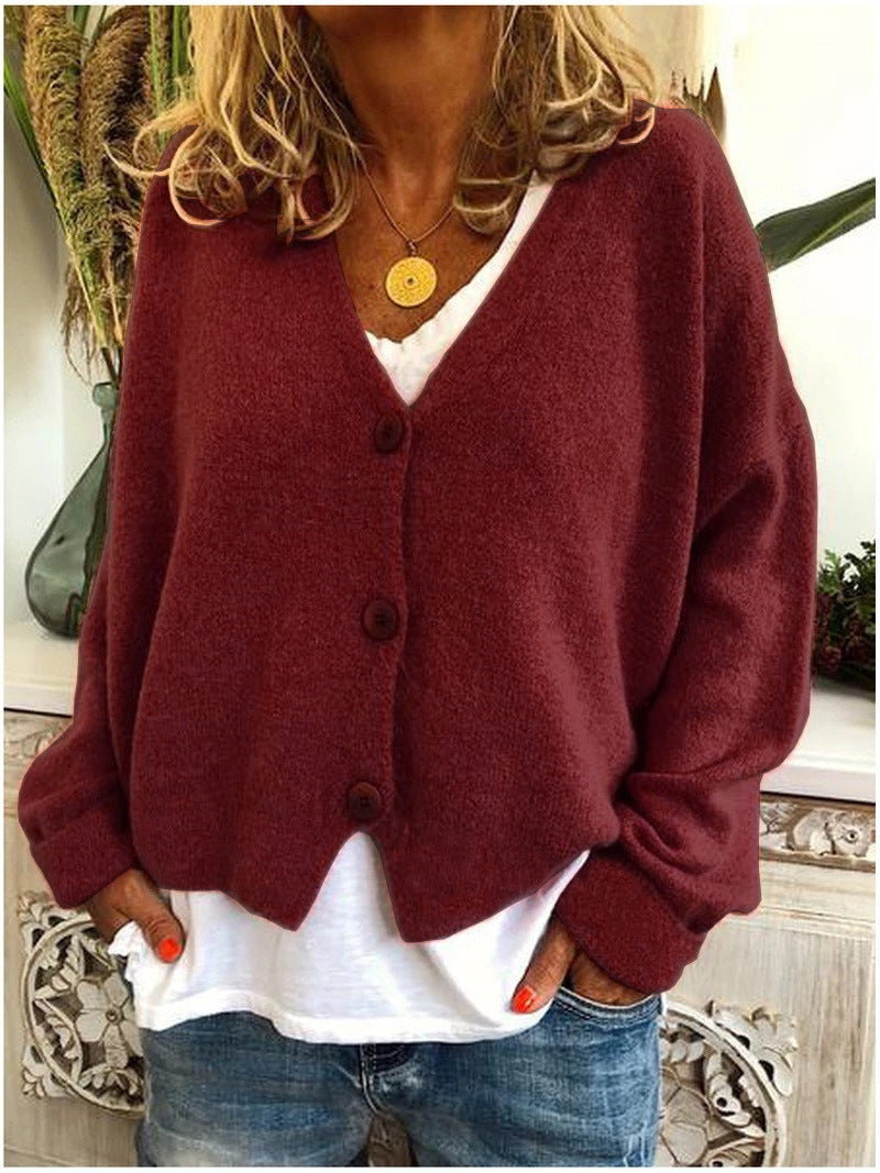 Women's V-Neck Button-Down Cardigan in Soft Knit with Relaxed Fit