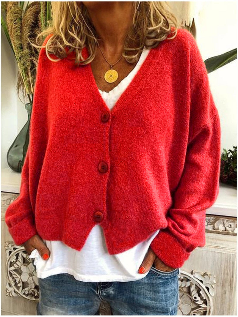 Women's V-Neck Button-Down Cardigan in Soft Knit with Relaxed Fit