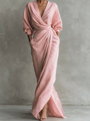 Women's V-Neck Casual Midi Dress with Relaxed Fit