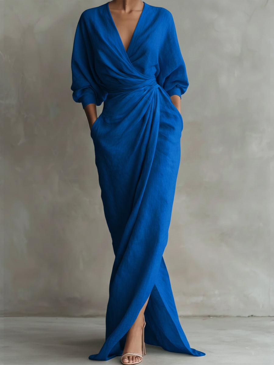 Women's V-Neck Casual Midi Dress with Relaxed Fit