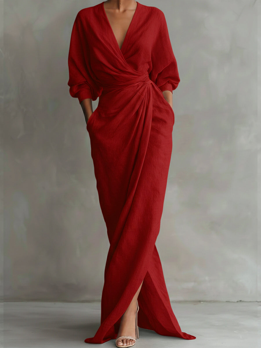 Women's V-Neck Casual Midi Dress with Relaxed Fit