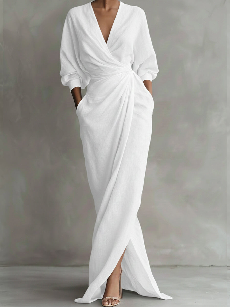 Women's V-Neck Casual Midi Dress with Relaxed Fit