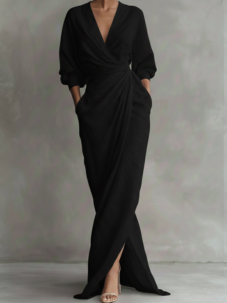 Women's V-Neck Casual Midi Dress with Relaxed Fit