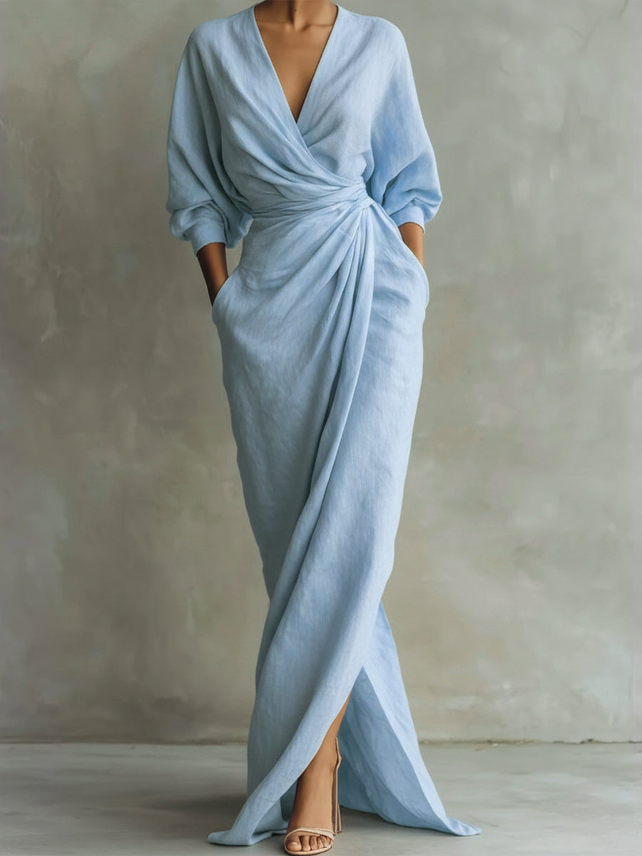 Women's V-Neck Casual Midi Dress with Relaxed Fit