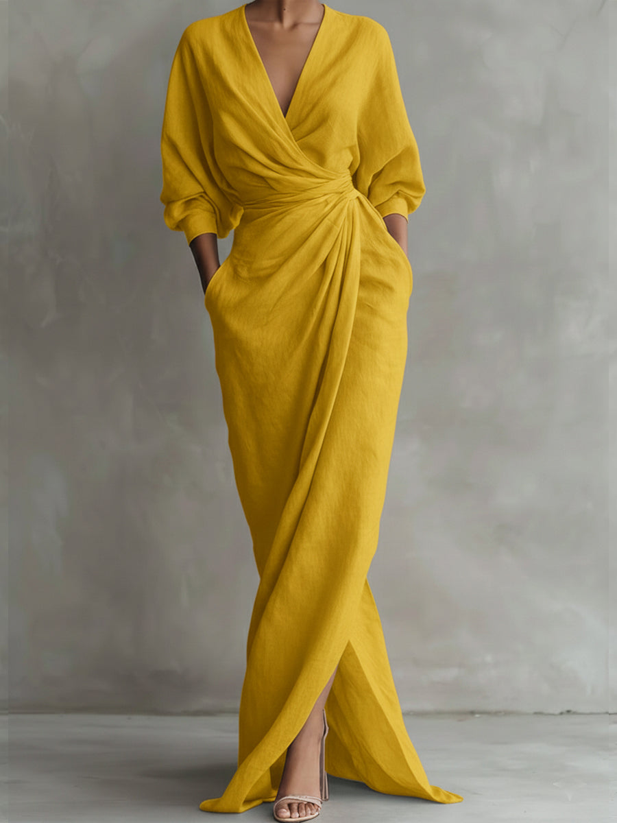 Women's V-Neck Casual Midi Dress with Relaxed Fit