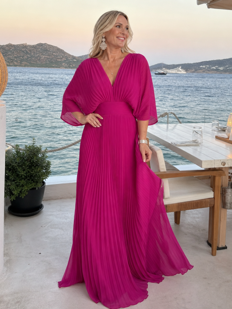 Women's V-Neck Floral Maxi Dress with Defined Waist
