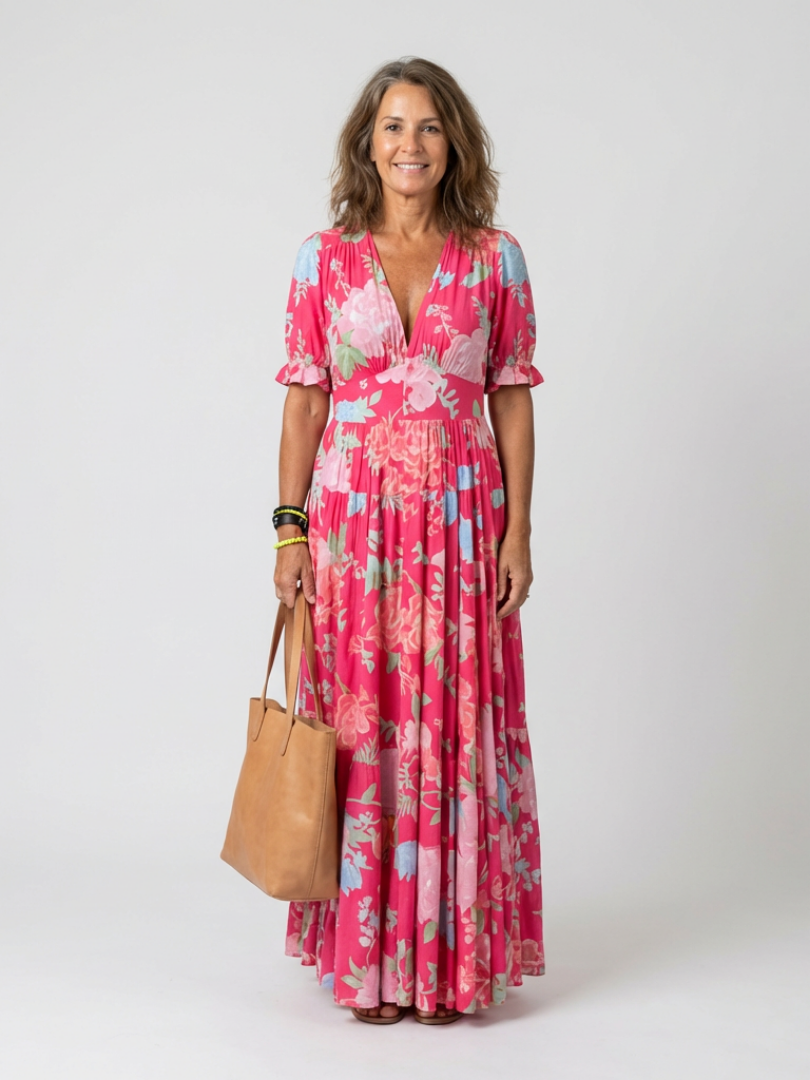 Women's V-Neck Gathered Waist Midi Dress with Short Sleeves