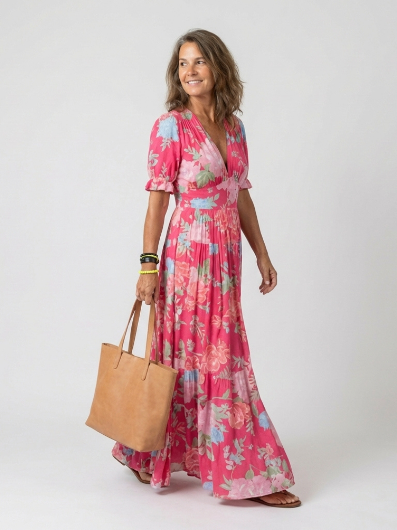 Women's V-Neck Gathered Waist Midi Dress with Short Sleeves