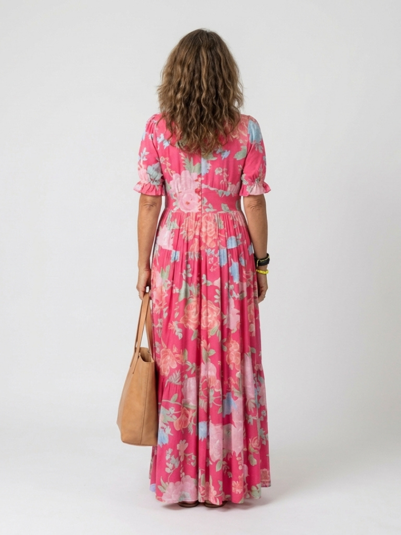 Women's V-Neck Gathered Waist Midi Dress with Short Sleeves