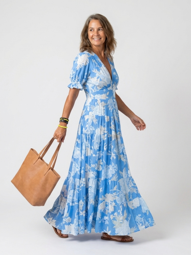 Women's V-Neck Gathered Waist Midi Dress with Short Sleeves