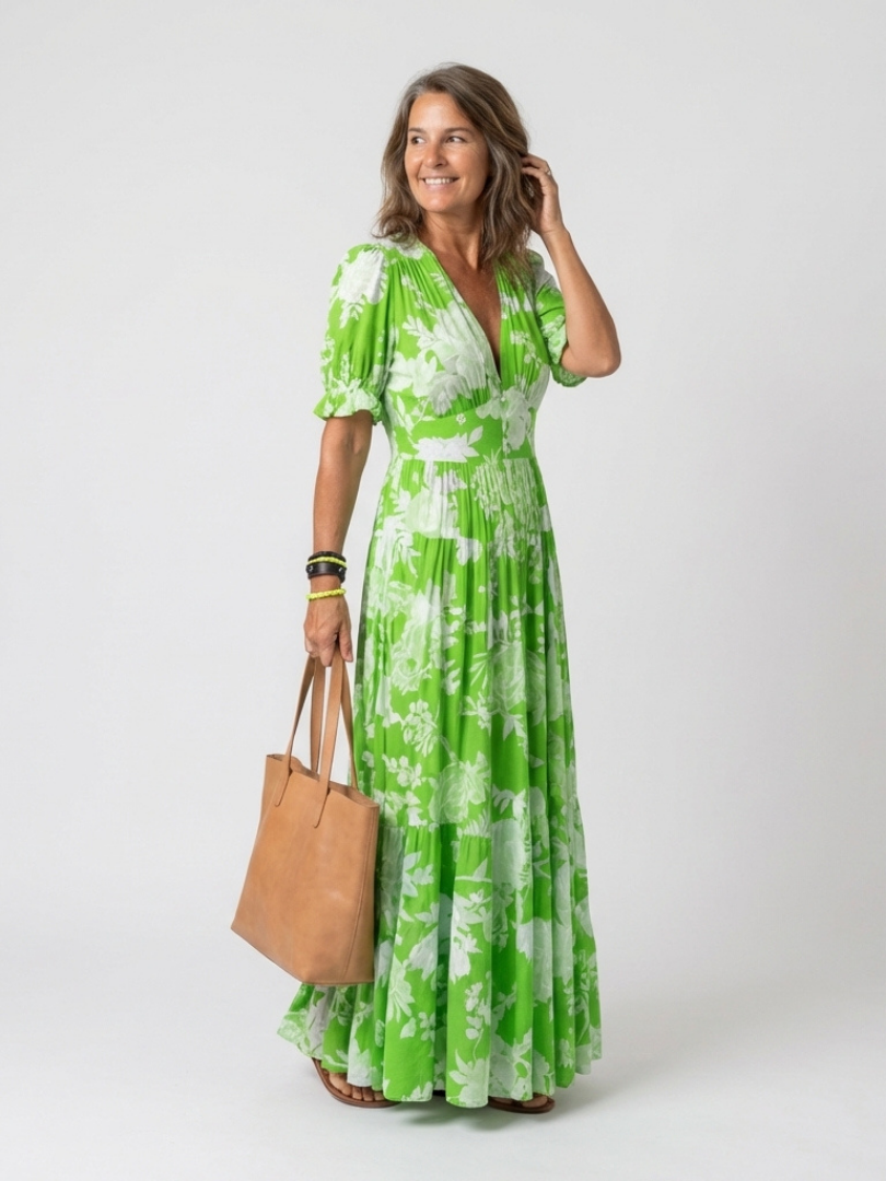 Women's V-Neck Gathered Waist Midi Dress with Short Sleeves