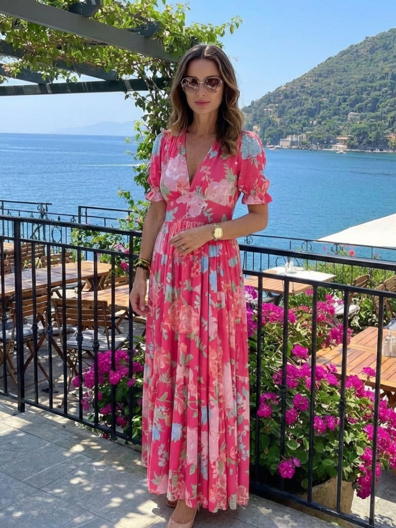 Women's V-Neck Gathered Waist Midi Dress with Short Sleeves