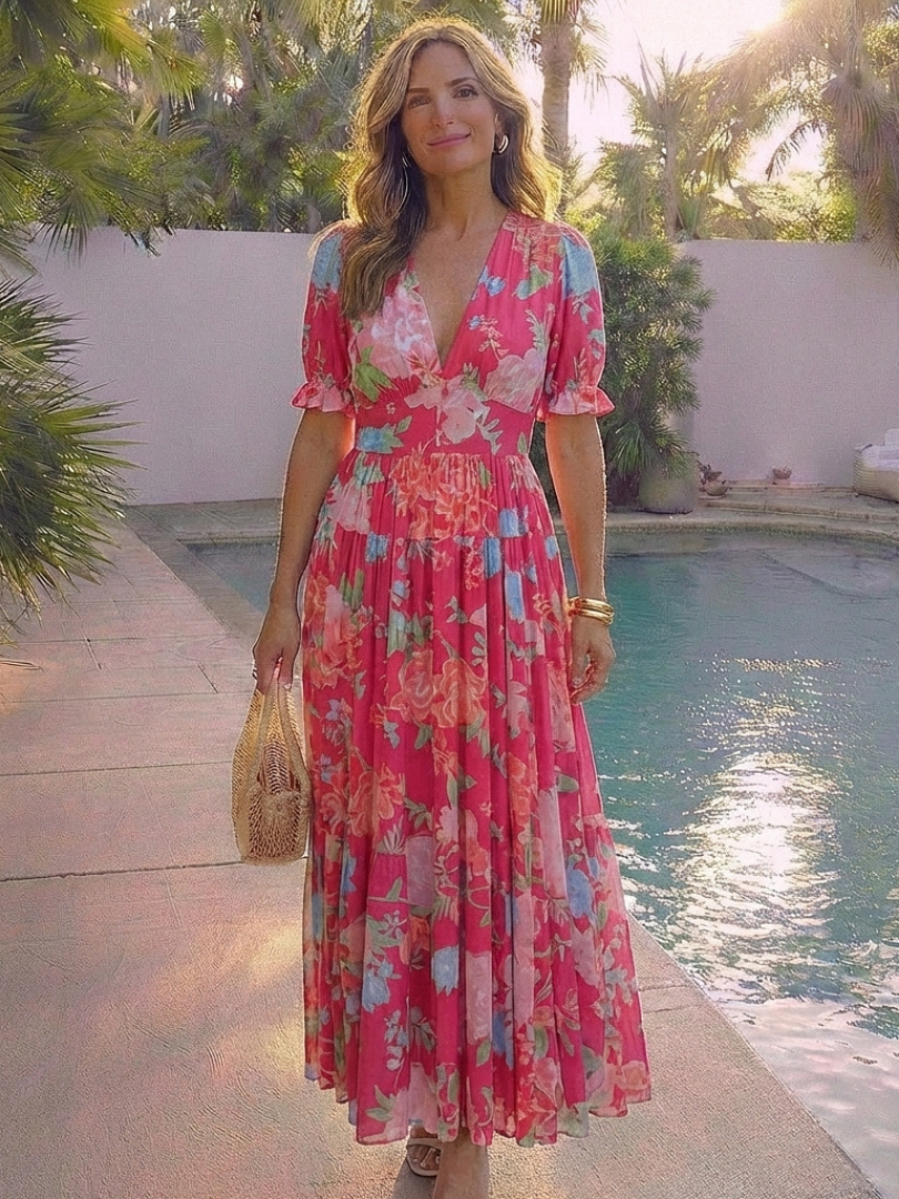 Women's V-Neck Gathered Waist Midi Dress with Short Sleeves