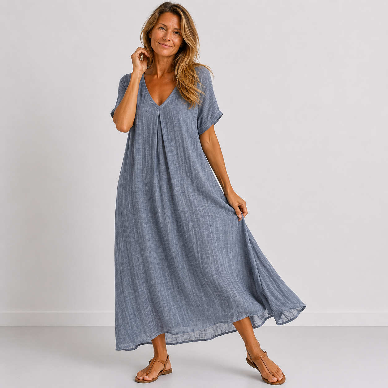 Women's V-Neck Long Maxi Dress with Fluid Cut