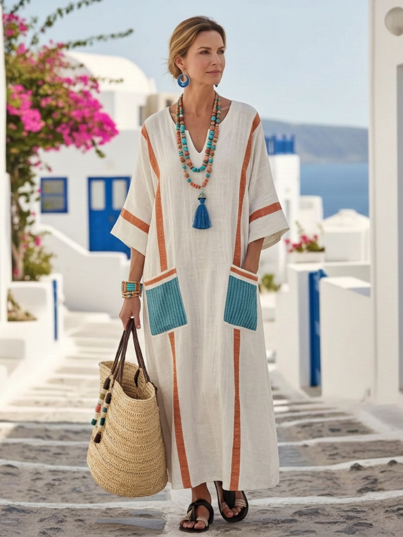 Women's V-Neck Maxi Dress with Half Sleeves and Pockets