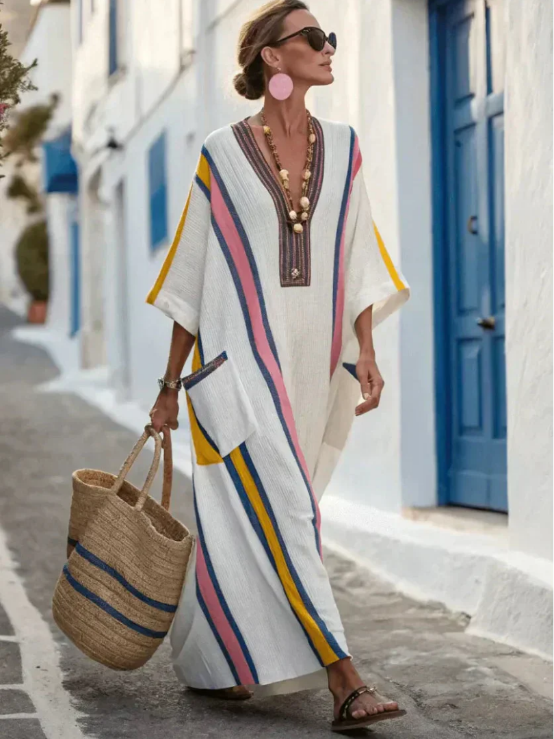 Women's V-Neck Maxi Dress with Half Sleeves and Pockets
