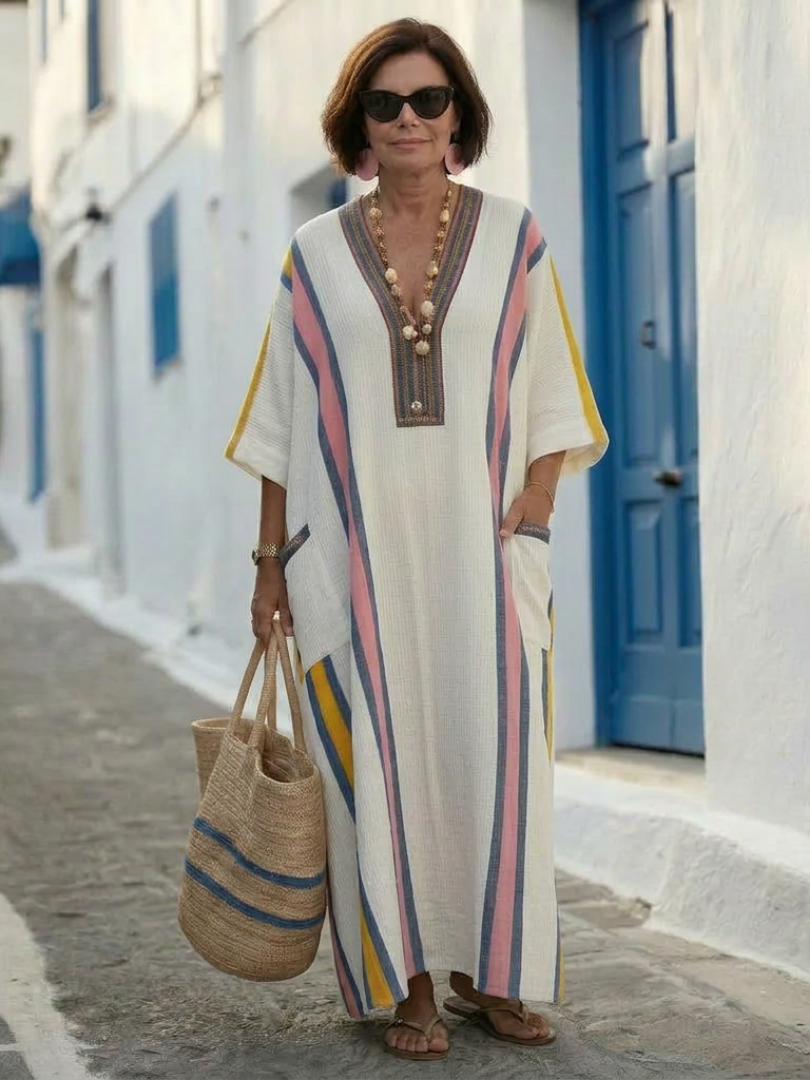 Women's V-Neck Maxi Dress with Half Sleeves and Pockets
