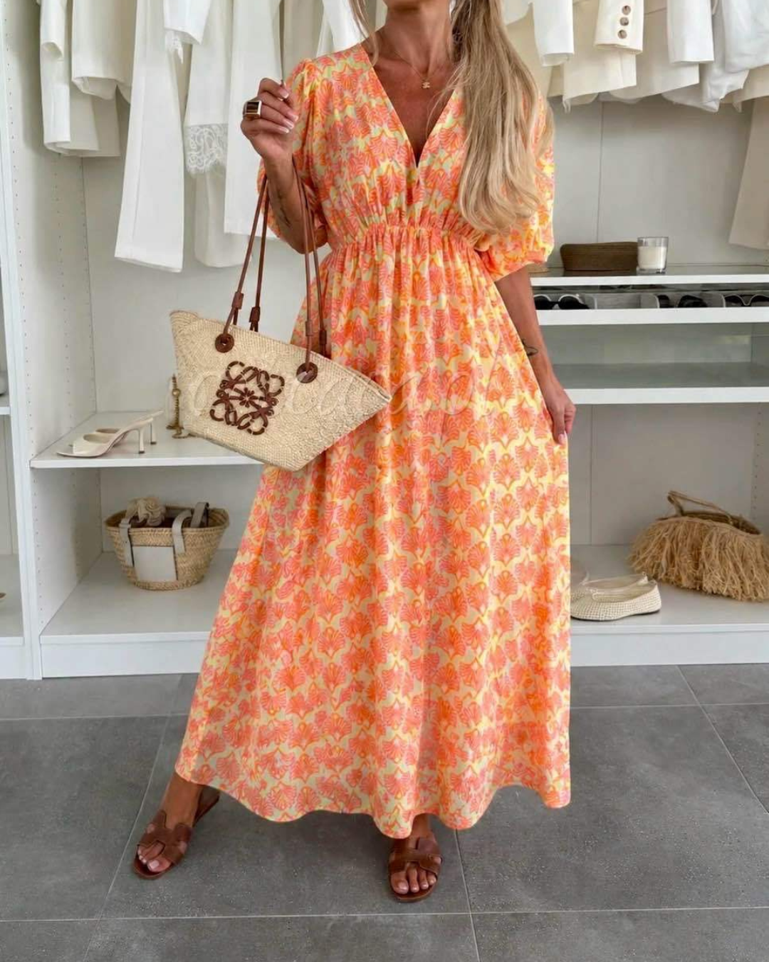 Women's V-Neck Maxi Summer Dress with Stretch Waistband