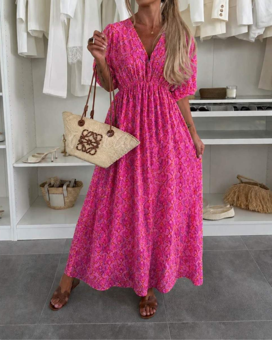 Women's V-Neck Maxi Summer Dress with Stretch Waistband