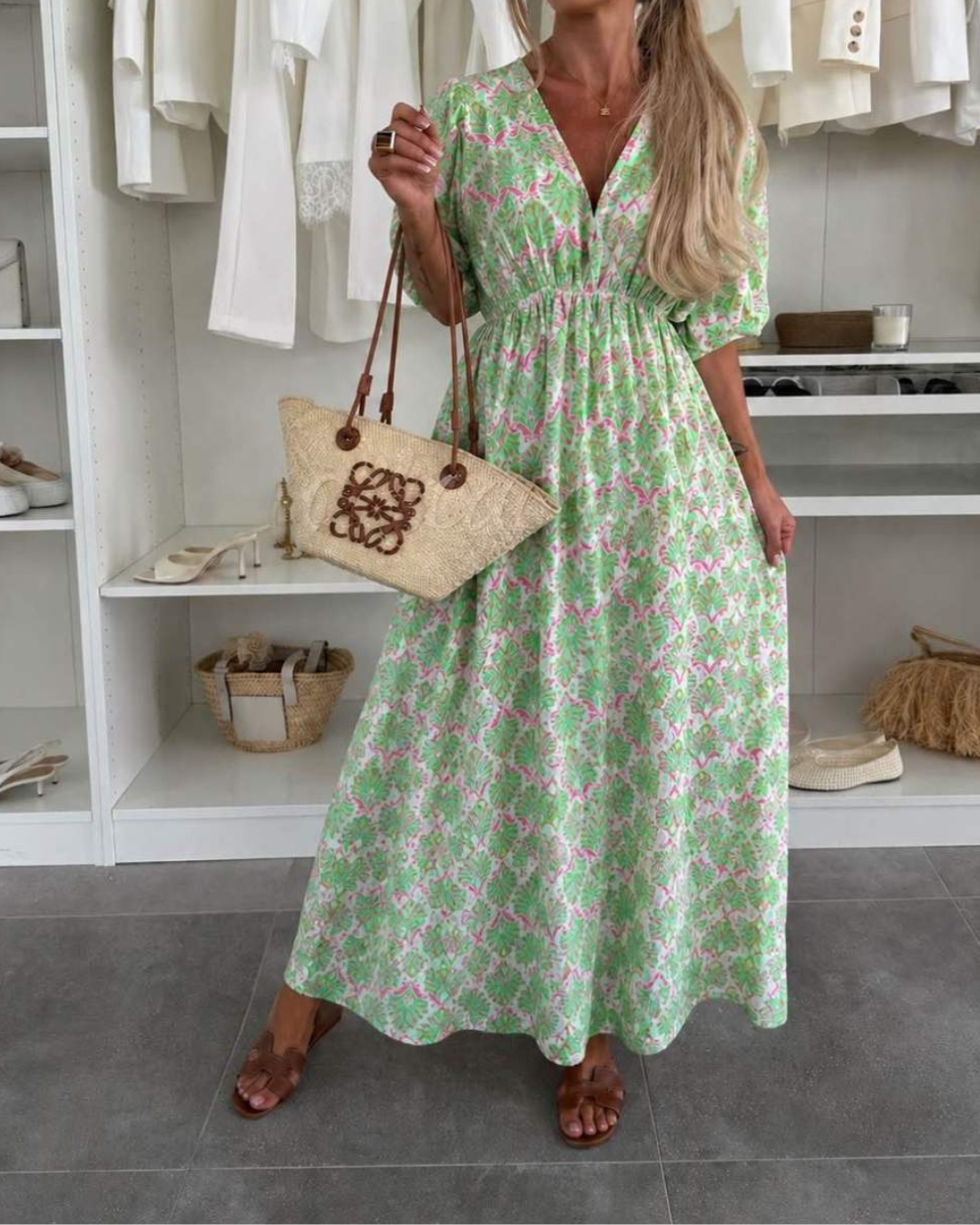 Women's V-Neck Maxi Summer Dress with Stretch Waistband