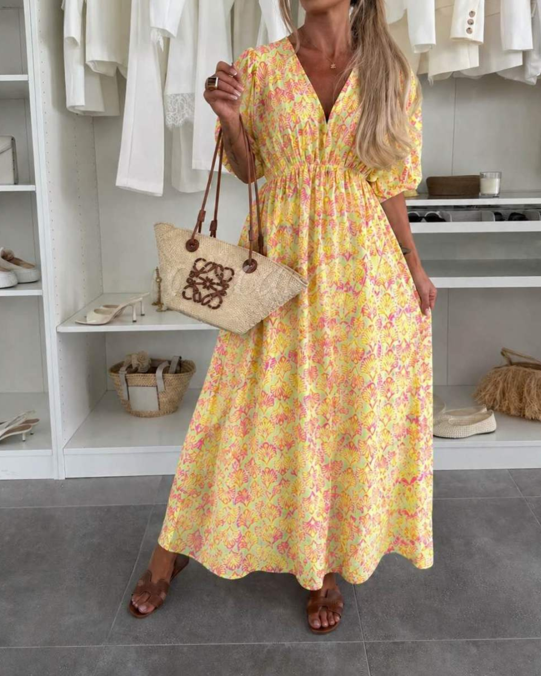 Women's V-Neck Maxi Summer Dress with Stretch Waistband