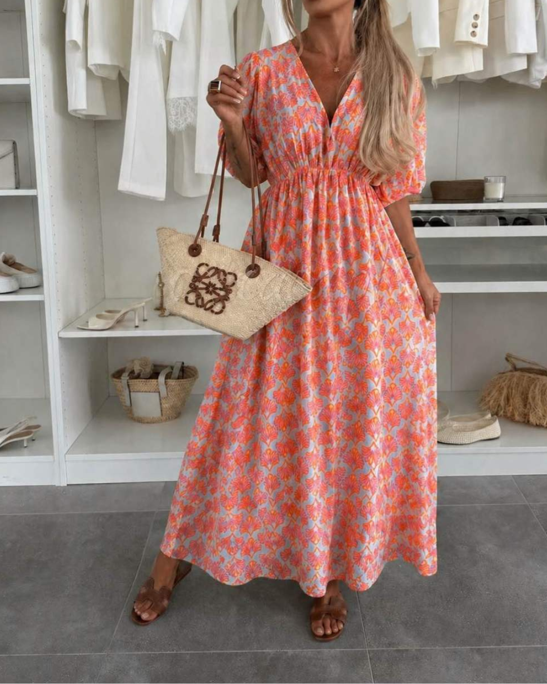 Women's V-Neck Maxi Summer Dress with Stretch Waistband