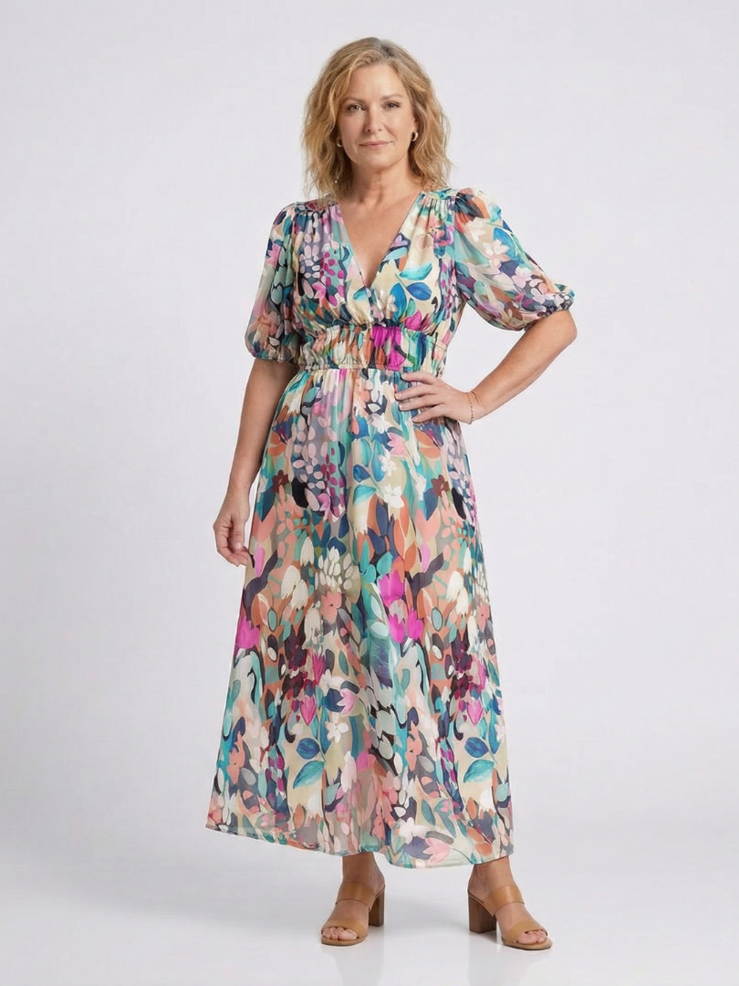 Women's V-Neck Midi Dress with Gathered Waist