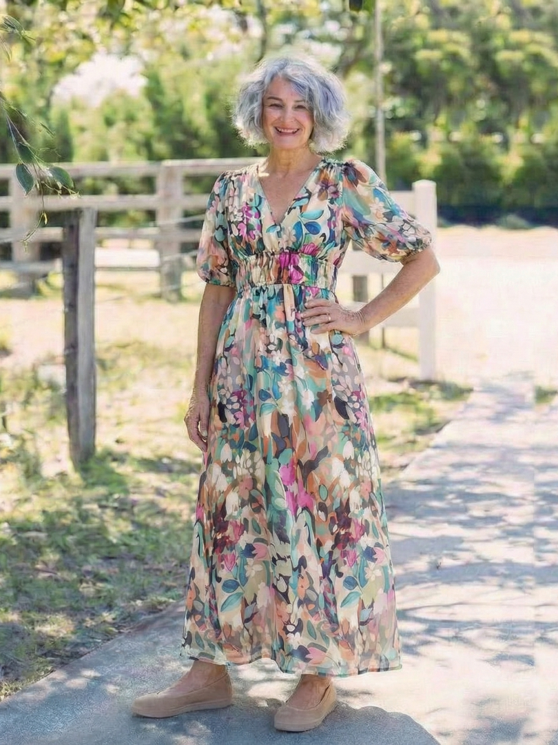 Women's V-Neck Midi Dress with Gathered Waist