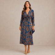 Women's V-Neck Midi Dress with Waist Tie