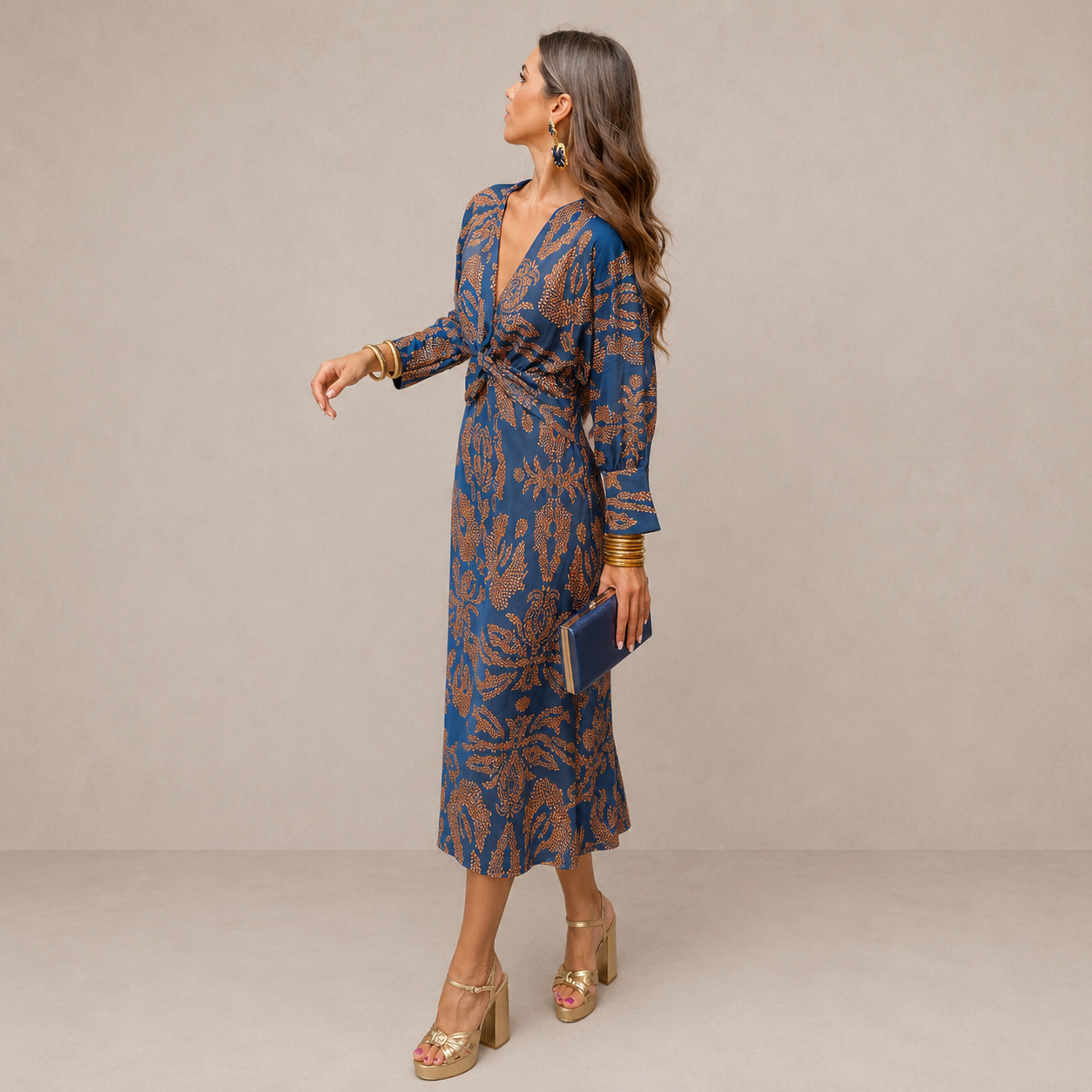 Women's V-Neck Midi Dress with Waist Tie