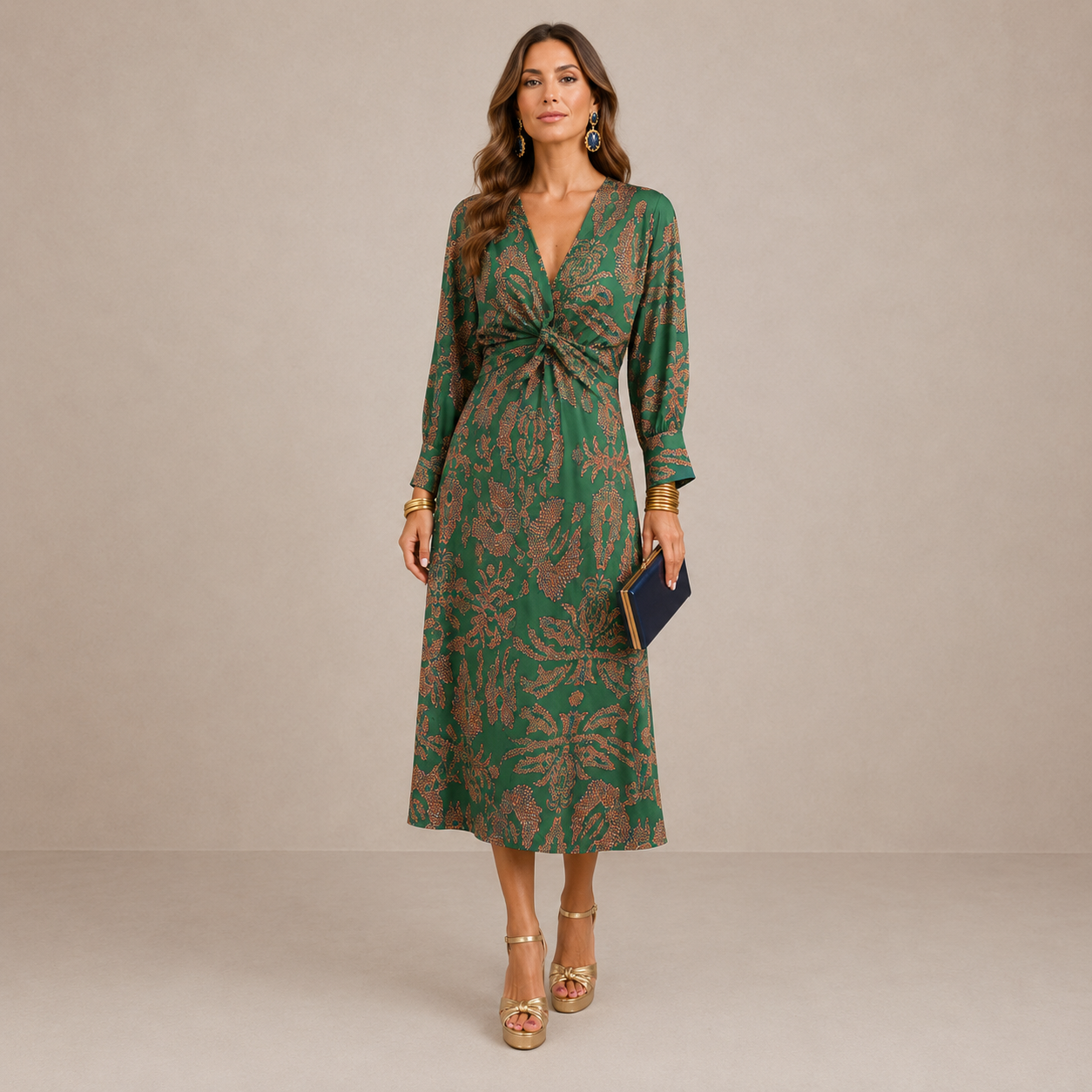 Women's V-Neck Midi Dress with Waist Tie